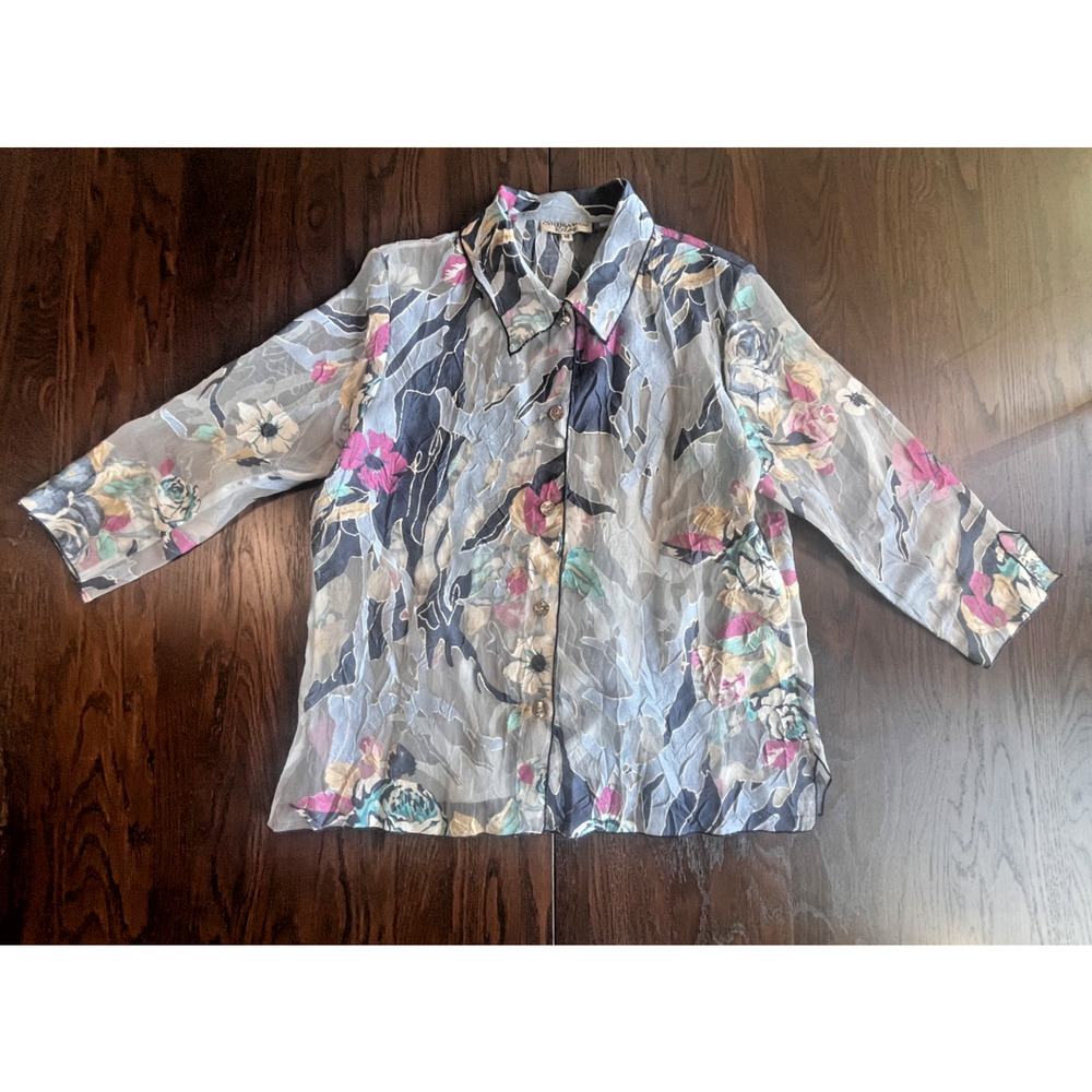 Sheer Button Up Floral Women's Top - Womens Medium Made in USA